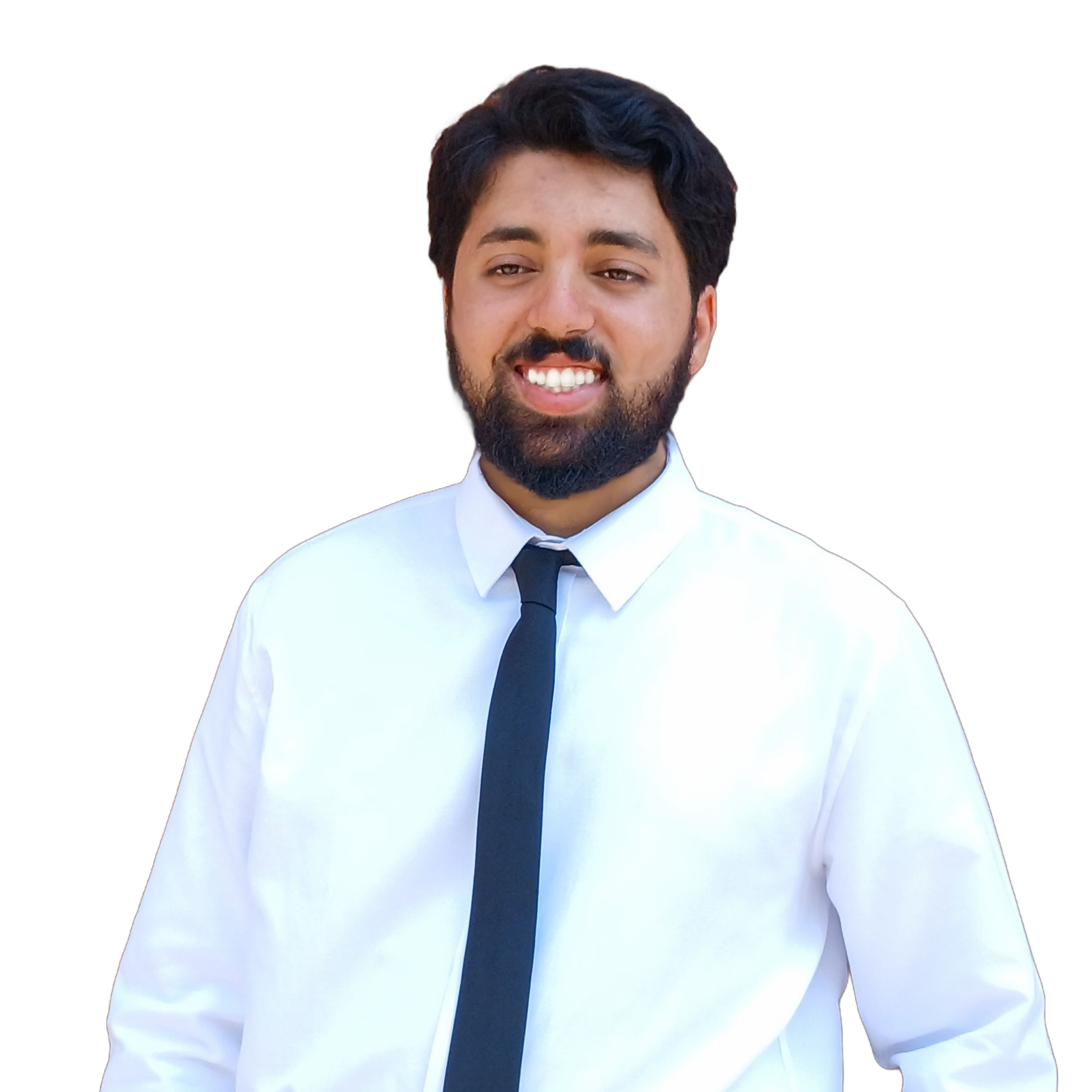 Askri Souhaieb smiling in a red plaid shirt and tortoise shell glasses